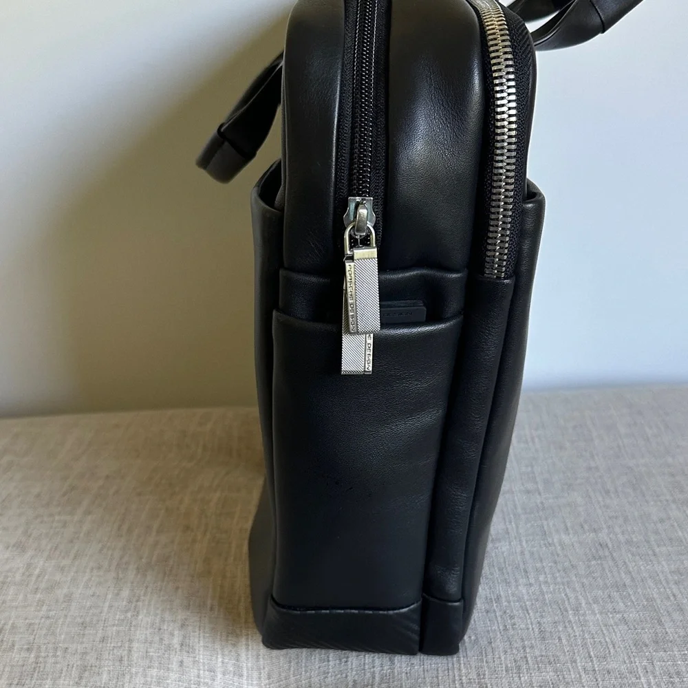 Porsche Design Black Leather Briefcase Bag Document Case Multiple Compartments